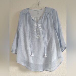 Cute St. John's Bay Peasant Top Blue White Pinstripe Tassels Small Chest 34"